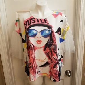 White "Hustle" shirt with Sheer Sleeves